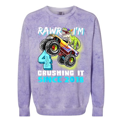 Rawr I'm 4 Monster Truck Dinosaur 4th Birthday Party Boys Colorblast Crewneck Sweatshirt