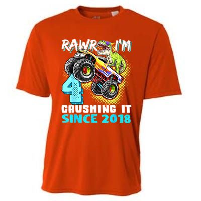 Rawr I'm 4 Monster Truck Dinosaur 4th Birthday Party Boys Cooling Performance Crew T-Shirt