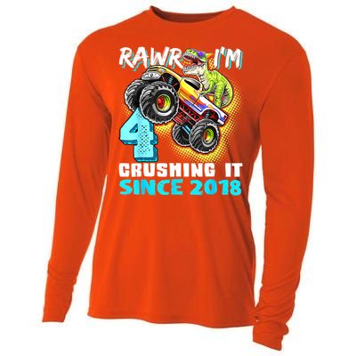 Rawr I'm 4 Monster Truck Dinosaur 4th Birthday Party Boys Cooling Performance Long Sleeve Crew