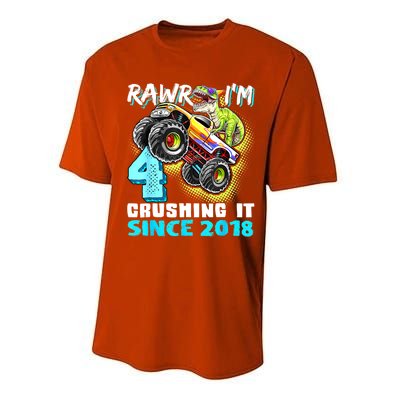 Rawr I'm 4 Monster Truck Dinosaur 4th Birthday Party Boys Performance Sprint T-Shirt