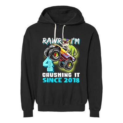 Rawr I'm 4 Monster Truck Dinosaur 4th Birthday Party Boys Garment-Dyed Fleece Hoodie