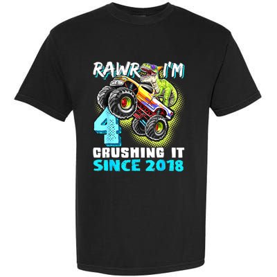 Rawr I'm 4 Monster Truck Dinosaur 4th Birthday Party Boys Garment-Dyed Heavyweight T-Shirt