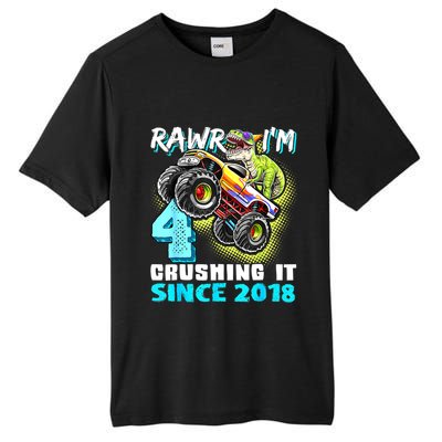 Rawr I'm 4 Monster Truck Dinosaur 4th Birthday Party Boys Tall Fusion ChromaSoft Performance T-Shirt