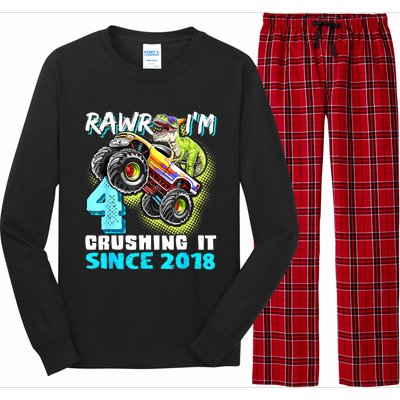 Rawr I'm 4 Monster Truck Dinosaur 4th Birthday Party Boys Long Sleeve Pajama Set