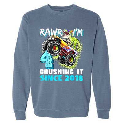 Rawr I'm 4 Monster Truck Dinosaur 4th Birthday Party Boys Garment-Dyed Sweatshirt