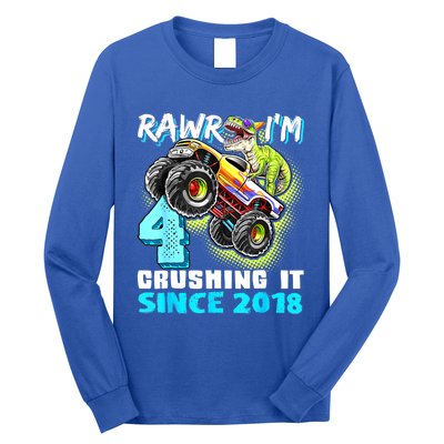 Rawr I'm 4 Monster Truck Dinosaur 4th Birthday Party Boys Long Sleeve Shirt