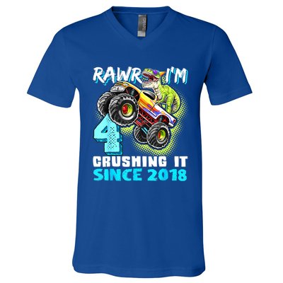 Rawr I'm 4 Monster Truck Dinosaur 4th Birthday Party Boys V-Neck T-Shirt