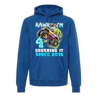 Rawr I'm 4 Monster Truck Dinosaur 4th Birthday Party Boys Premium Hoodie