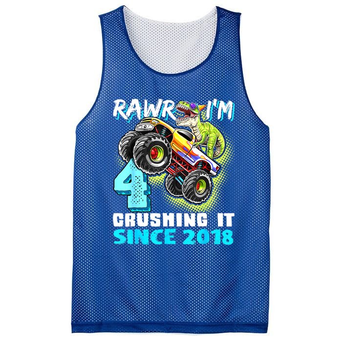 Rawr I'm 4 Monster Truck Dinosaur 4th Birthday Party Boys Mesh Reversible Basketball Jersey Tank