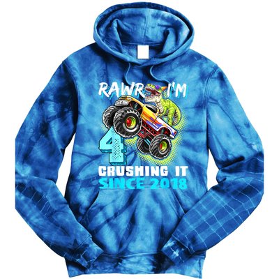 Rawr I'm 4 Monster Truck Dinosaur 4th Birthday Party Boys Tie Dye Hoodie