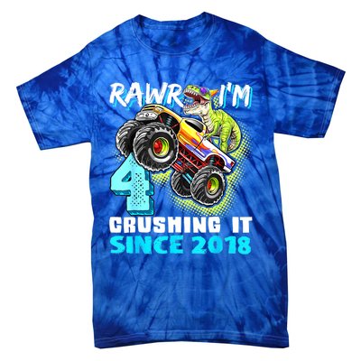 Rawr I'm 4 Monster Truck Dinosaur 4th Birthday Party Boys Tie-Dye T-Shirt