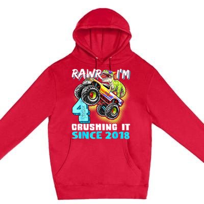 Rawr I'm 4 Monster Truck Dinosaur 4th Birthday Party Boys Premium Pullover Hoodie