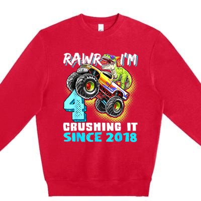 Rawr I'm 4 Monster Truck Dinosaur 4th Birthday Party Boys Premium Crewneck Sweatshirt