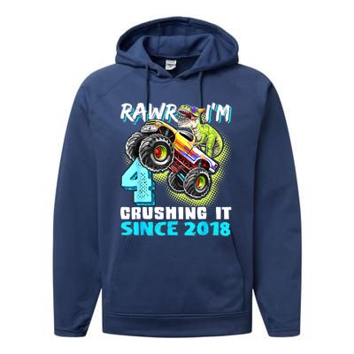 Rawr I'm 4 Monster Truck Dinosaur 4th Birthday Party Boys Performance Fleece Hoodie