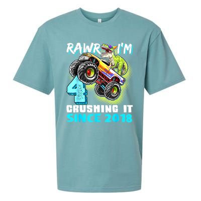 Rawr I'm 4 Monster Truck Dinosaur 4th Birthday Party Boys Sueded Cloud Jersey T-Shirt