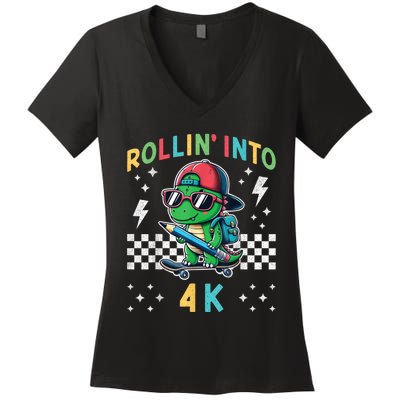 Rollin Into 4k Dinosaur First Day Of Pre K 4 Im Ready For 4k Women's V-Neck T-Shirt