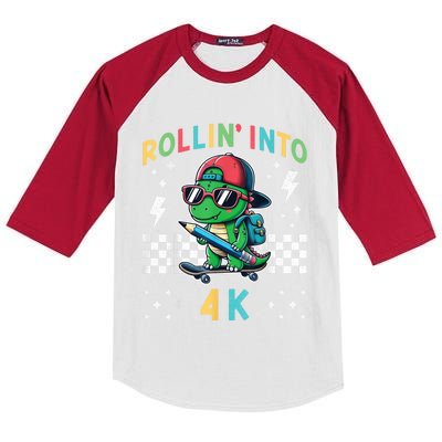 Rollin Into 4k Dinosaur First Day Of Pre K 4 Im Ready For 4k Kids Colorblock Raglan Jersey