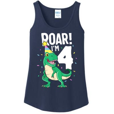 Roar I'm 4 T-Rex Birthday Dinosaur Happy Fourth 4th Party Ladies Essential Tank