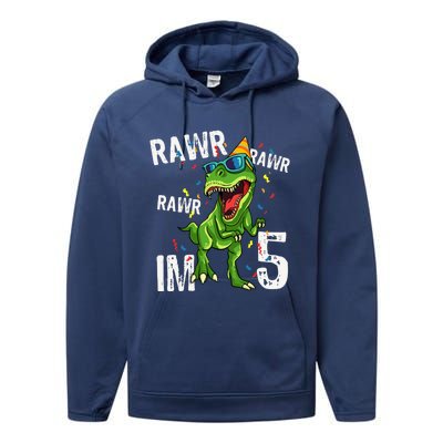 Rawr IM 5 Birthday Dinosaur Funny 5th Bday Boy Gift Performance Fleece Hoodie