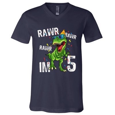 Rawr IM 5 Birthday Dinosaur Funny 5th Bday Boy Gift V-Neck T-Shirt