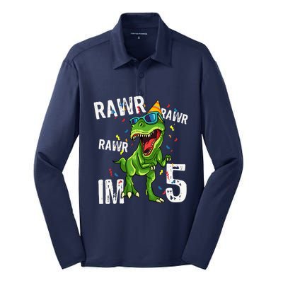 Rawr IM 5 Birthday Dinosaur Funny 5th Bday Boy Gift Silk Touch Performance Long Sleeve Polo