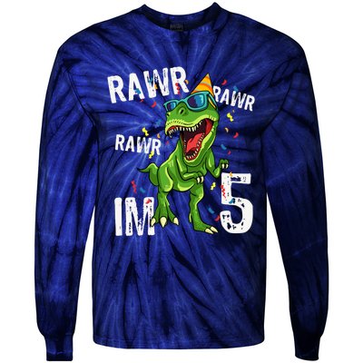 Rawr IM 5 Birthday Dinosaur Funny 5th Bday Boy Gift Tie-Dye Long Sleeve Shirt