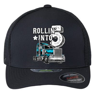 Rollin into 5 Big Rig Semi-Trailer Truck 5th Birthday Gift Flexfit Unipanel Trucker Cap