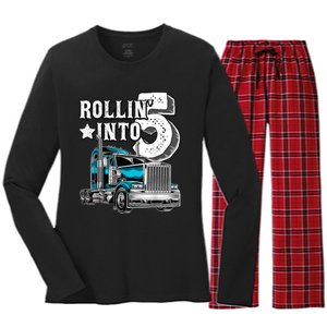 Rollin into 5 Big Rig Semi-Trailer Truck 5th Birthday Gift Women's Long Sleeve Flannel Pajama Set 