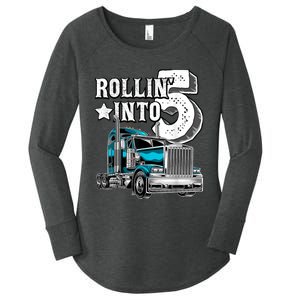 Rollin into 5 Big Rig Semi-Trailer Truck 5th Birthday Gift Women's Perfect Tri Tunic Long Sleeve Shirt