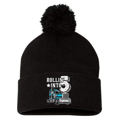 Rollin into 5 Big Rig Semi-Trailer Truck 5th Birthday Gift Pom Pom 12in Knit Beanie