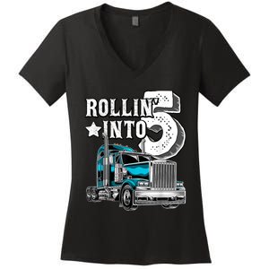 Rollin into 5 Big Rig Semi-Trailer Truck 5th Birthday Gift Women's V-Neck T-Shirt