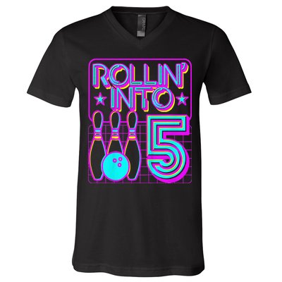 Rollin Into 5 Bowling Bowler 5th Birthday Party V-Neck T-Shirt