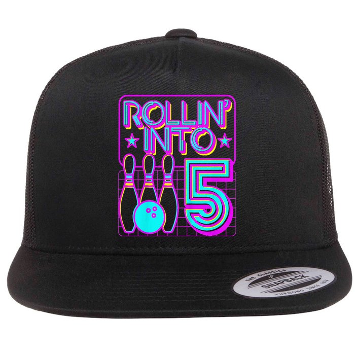 Rollin Into 5 Bowling Bowler 5th Birthday Party Flat Bill Trucker Hat