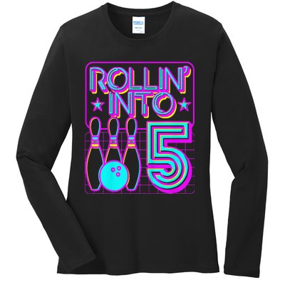 Rollin Into 5 Bowling Bowler 5th Birthday Party Ladies Long Sleeve Shirt