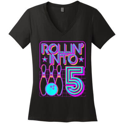 Rollin Into 5 Bowling Bowler 5th Birthday Party Women's V-Neck T-Shirt