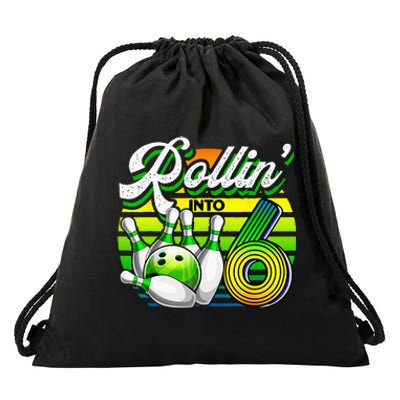 Rollin Into 6 Retro Bowling Ball 6th Birthday Party Drawstring Bag