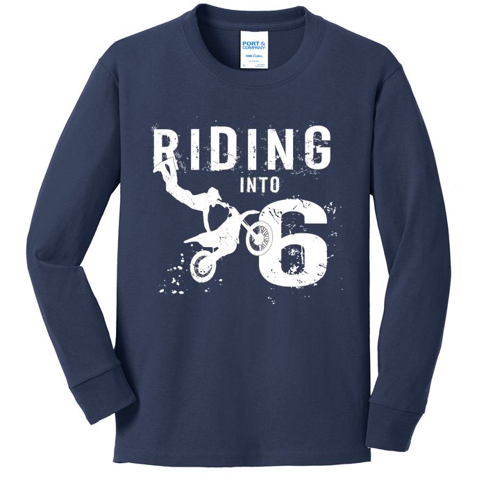 Riding Into 6 Years Old 6th Birthday Boy Dirt Bike Party Kids Long Sleeve Shirt