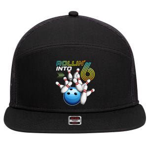 Rollin Into 6 Retro Bowling Birthday Party 6th Birthday 7 Panel Mesh Trucker Snapback Hat