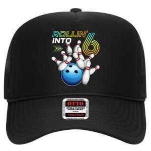 Rollin Into 6 Retro Bowling Birthday Party 6th Birthday High Crown Mesh Back Trucker Hat