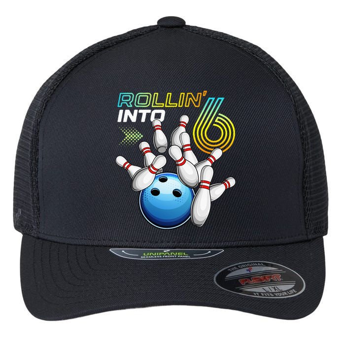 Rollin Into 6 Retro Bowling Birthday Party 6th Birthday Flexfit Unipanel Trucker Cap