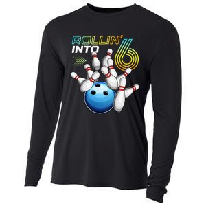 Rollin Into 6 Retro Bowling Birthday Party 6th Birthday Cooling Performance Long Sleeve Crew