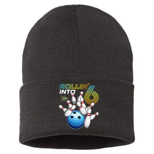 Rollin Into 6 Retro Bowling Birthday Party 6th Birthday Sustainable Knit Beanie