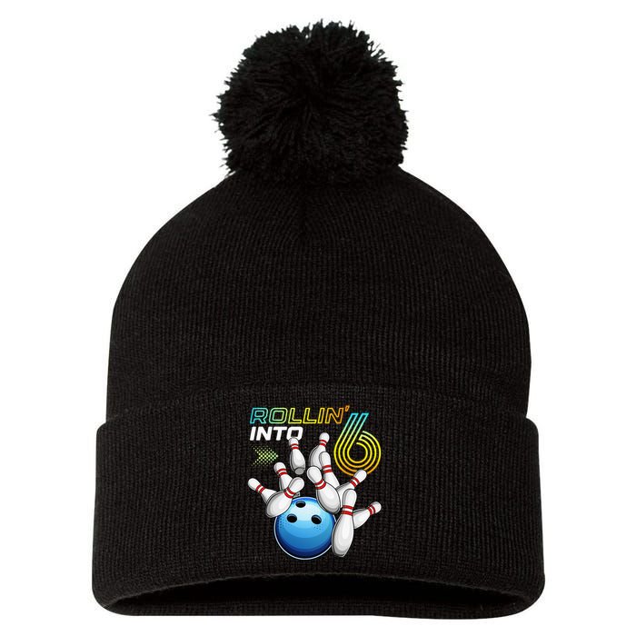 Rollin Into 6 Retro Bowling Birthday Party 6th Birthday Pom Pom 12in Knit Beanie