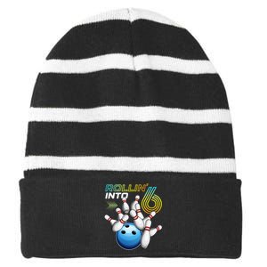 Rollin Into 6 Retro Bowling Birthday Party 6th Birthday Striped Beanie with Solid Band