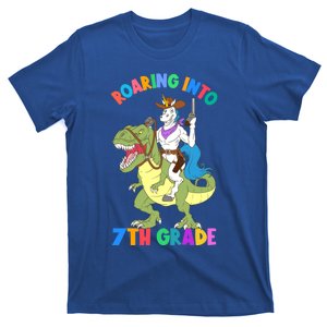 Roaring Into 7th Grade Unicorn Riding Dinosaur Back School Funny Gift T-Shirt