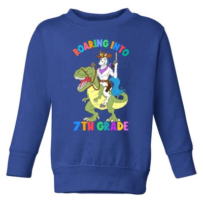 Roaring Into 7th Grade Unicorn Riding Dinosaur Back School Funny Gift Toddler Sweatshirt