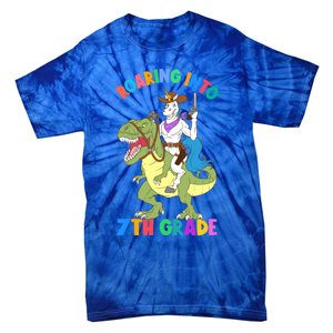 Roaring Into 7th Grade Unicorn Riding Dinosaur Back School Funny Gift Tie-Dye T-Shirt