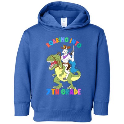 Roaring Into 7th Grade Unicorn Riding Dinosaur Back School Funny Gift Toddler Hoodie