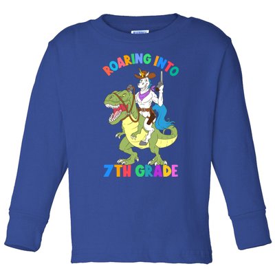 Roaring Into 7th Grade Unicorn Riding Dinosaur Back School Funny Gift Toddler Long Sleeve Shirt