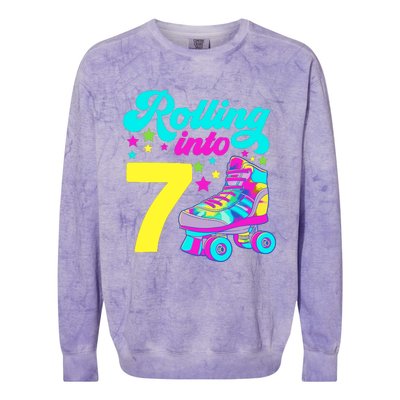 Rolling Into 7 Girl 7th Birthday Roller Skates Colorblast Crewneck Sweatshirt